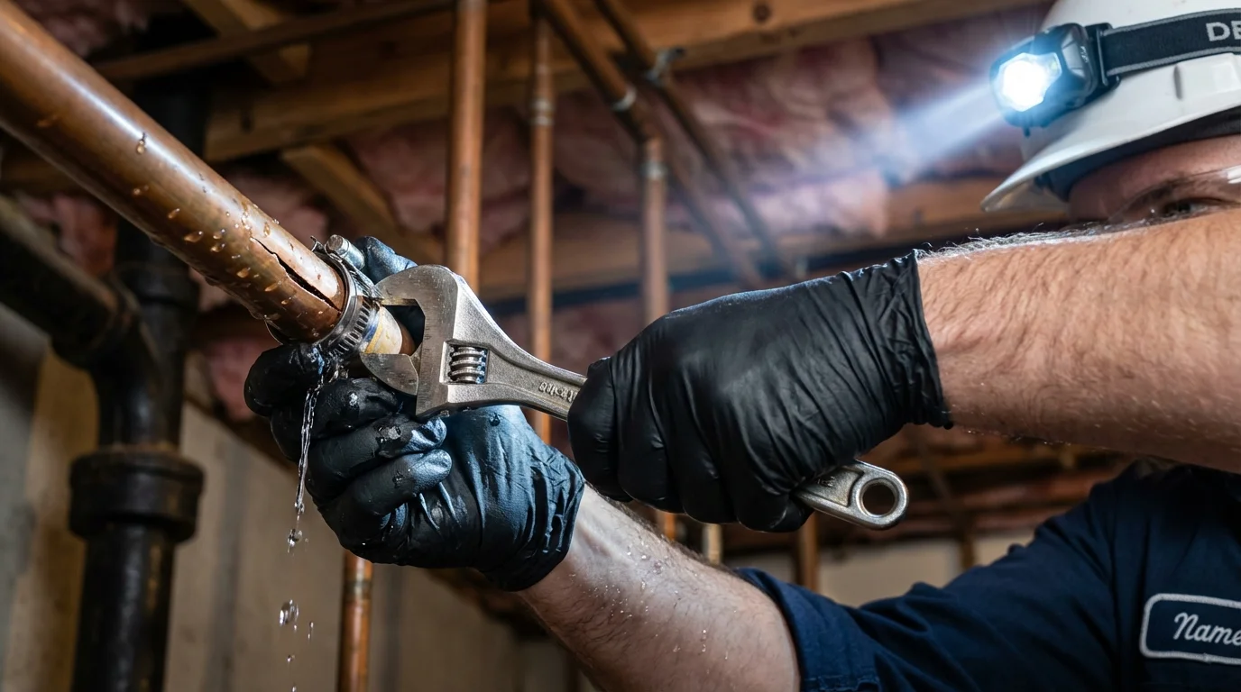 Emergency pipe clamp repair being performed by a Johns Plumbing LLC plumber in Hertford